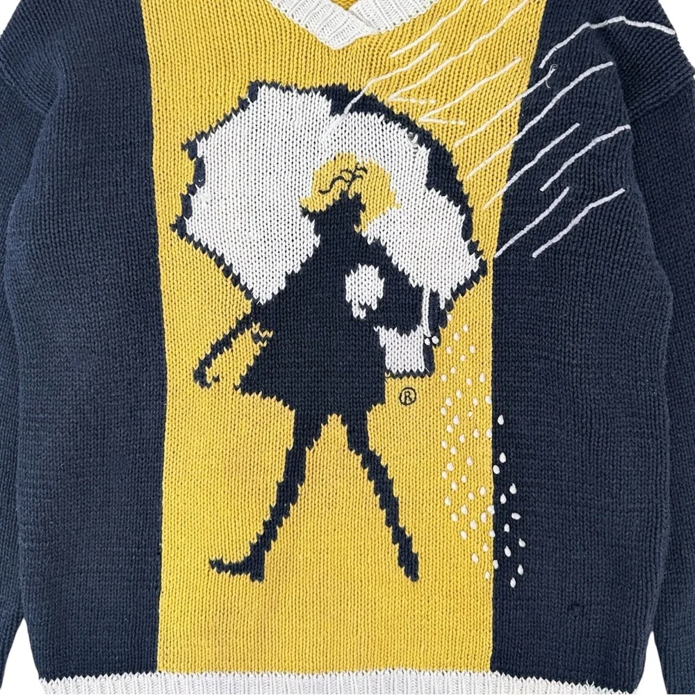 RARE Vintage Blue Yellow Cotton Knit Morton Salt Logo V-Neck Sweater sz S - Picture 3 of 7
